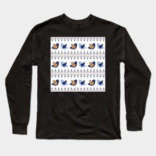 Gold And Blue Birds Pattern Long Sleeve T-Shirt